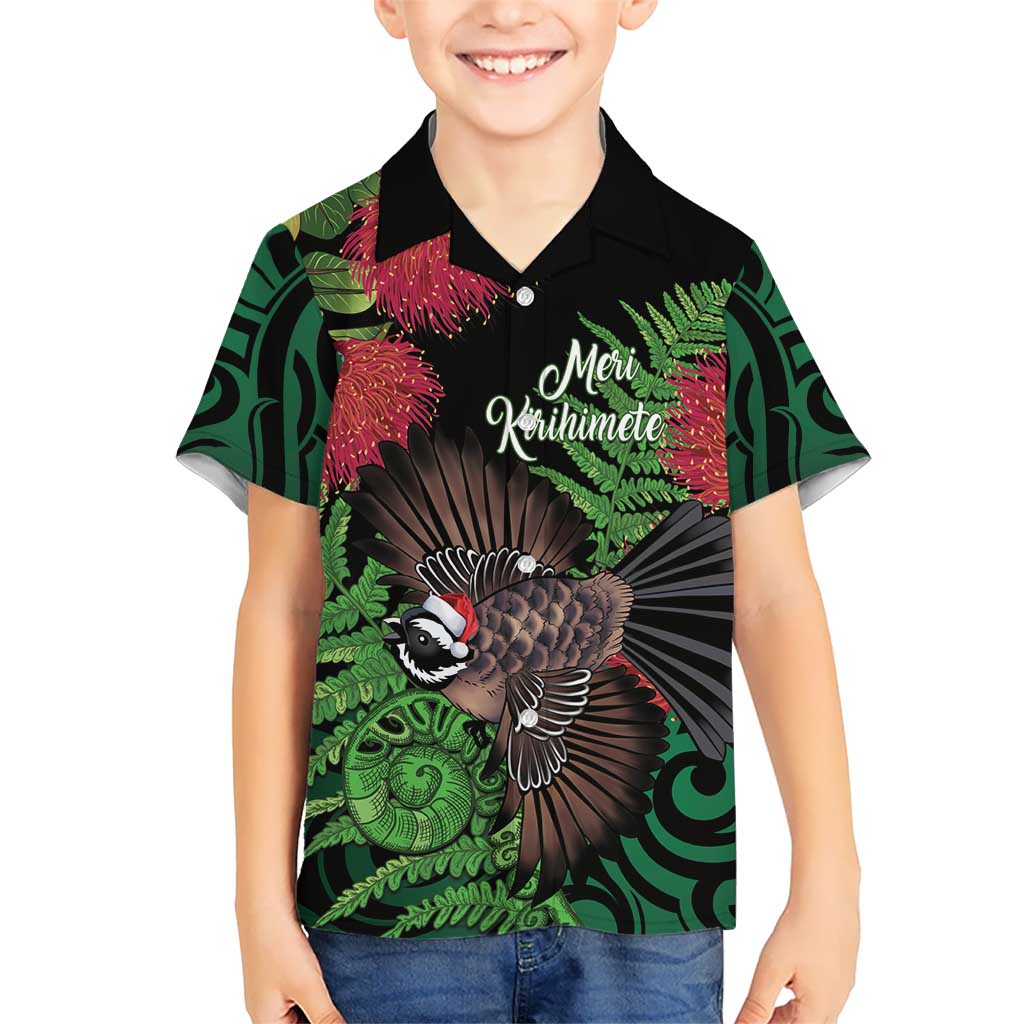 Meri Kirihimete New Zealand Kid Hawaiian Shirt Piwakawaka Koru Fern Mix Pohutukawa LT14 Kid Black - Polynesian Pride