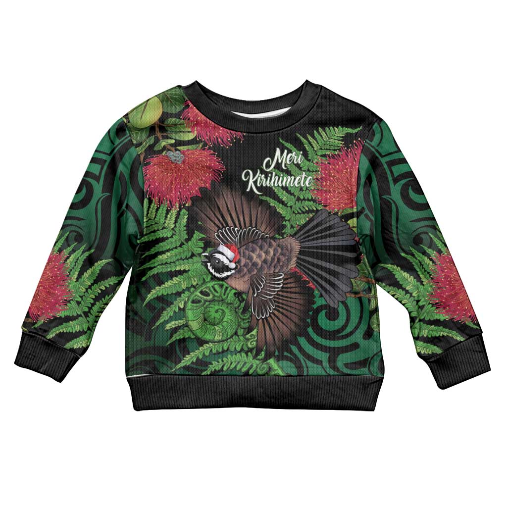 Meri Kirihimete New Zealand Kid Ugly Christmas Sweater Piwakawaka Koru Fern Mix Pohutukawa - Polynesian Pride