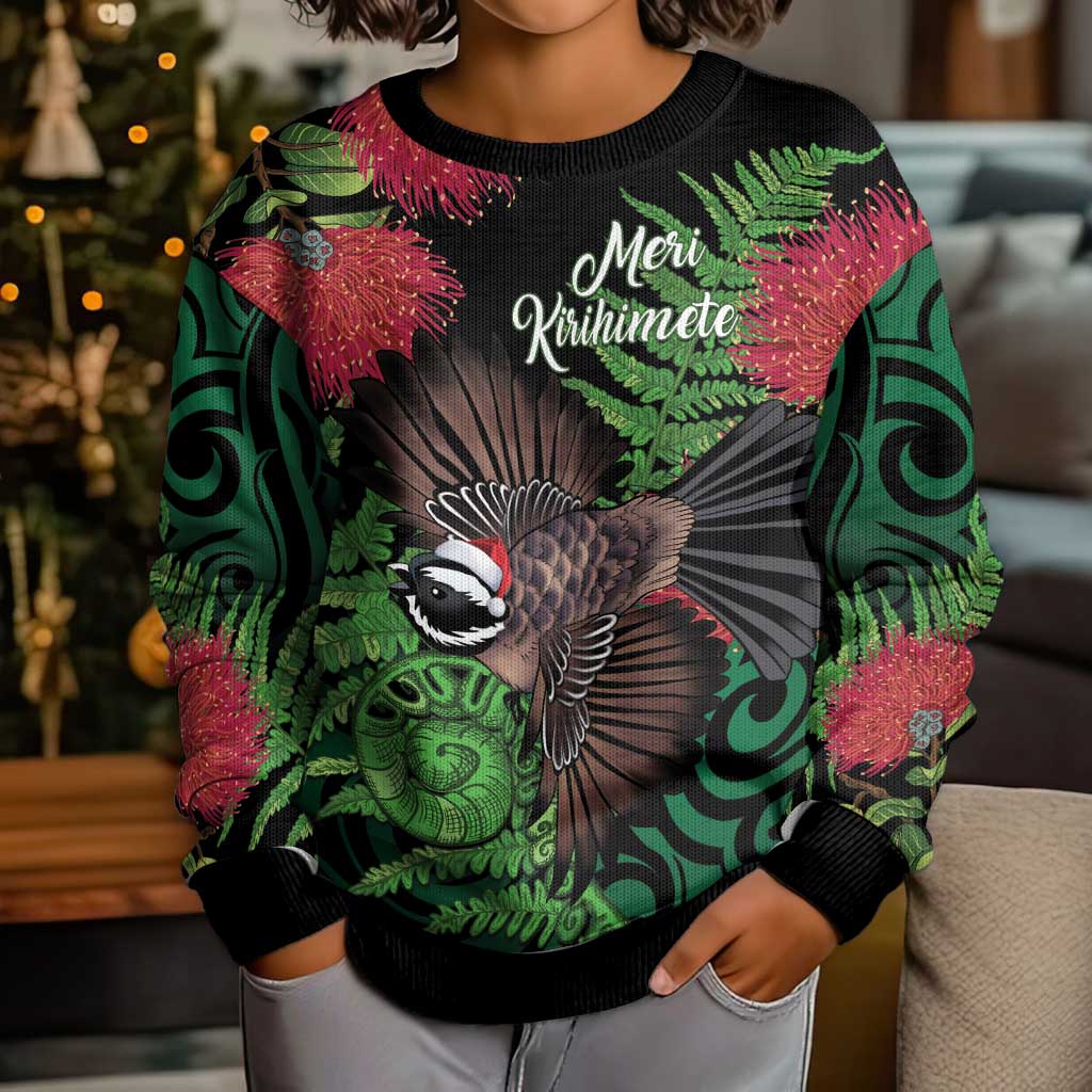 Meri Kirihimete New Zealand Kid Ugly Christmas Sweater Piwakawaka Koru Fern Mix Pohutukawa - Polynesian Pride