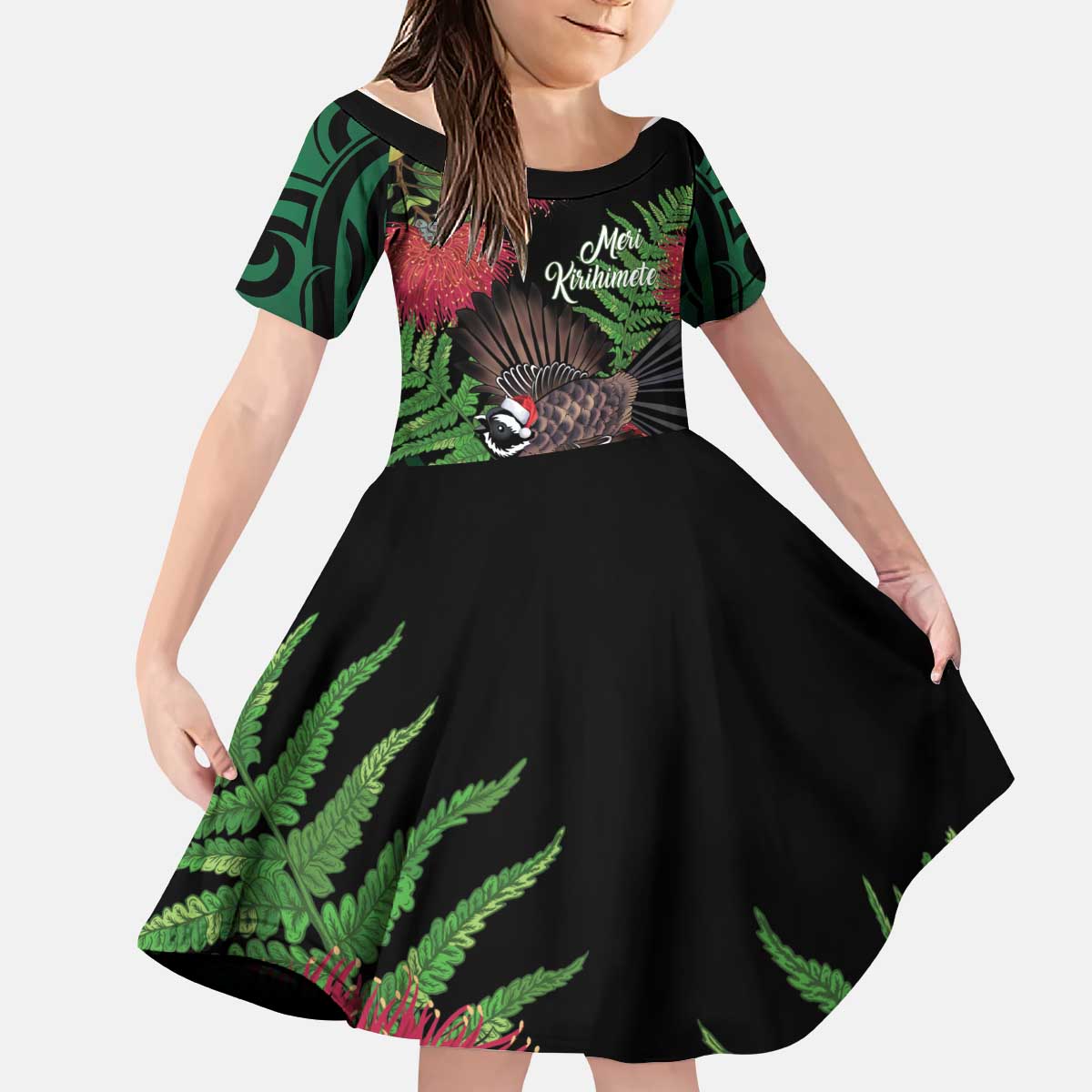 Meri Kirihimete New Zealand Kid Short Sleeve Dress Piwakawaka Koru Fern Mix Pohutukawa - Polynesian Pride