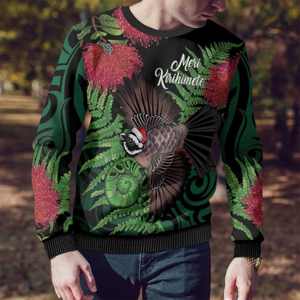 Meri Kirihimete New Zealand Ugly Christmas Sweater Piwakawaka Koru Fern Mix Pohutukawa - Polynesian Pride