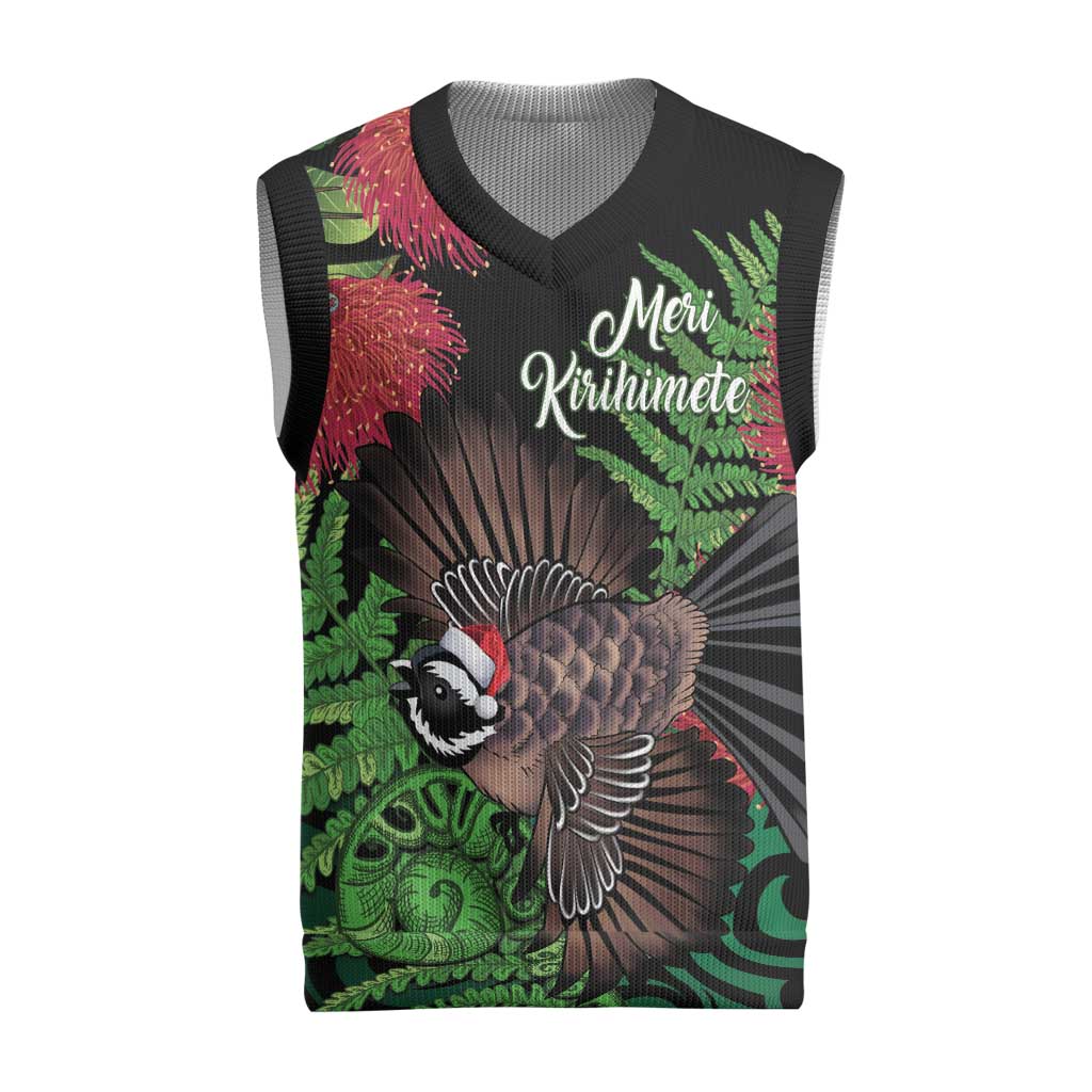 Meri Kirihimete New Zealand Christmas Knitted V-Neck Vest Piwakawaka Koru Fern Mix Pohutukawa - Polynesian Pride