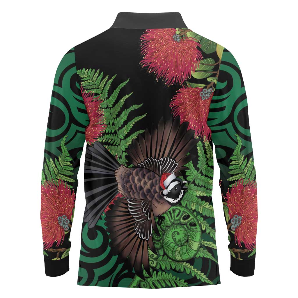 Meri Kirihimete New Zealand Long Sleeve Polo Shirt Piwakawaka Koru Fern Mix Pohutukawa - Polynesian Pride