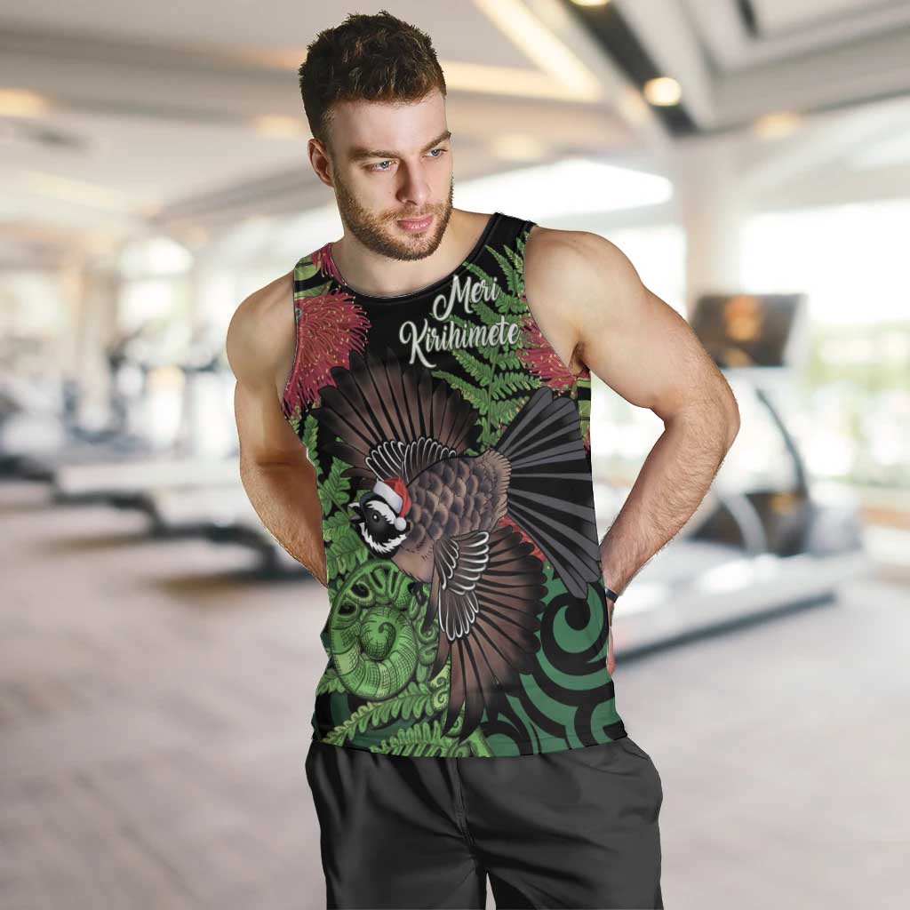 Meri Kirihimete New Zealand Men Tank Top Piwakawaka Koru Fern Mix Pohutukawa - Polynesian Pride