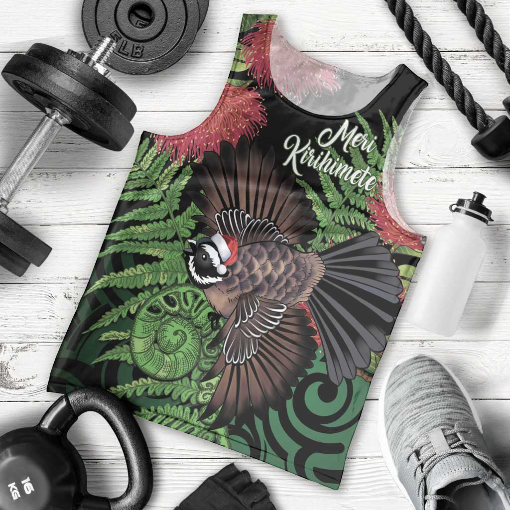 Meri Kirihimete New Zealand Men Tank Top Piwakawaka Koru Fern Mix Pohutukawa - Polynesian Pride