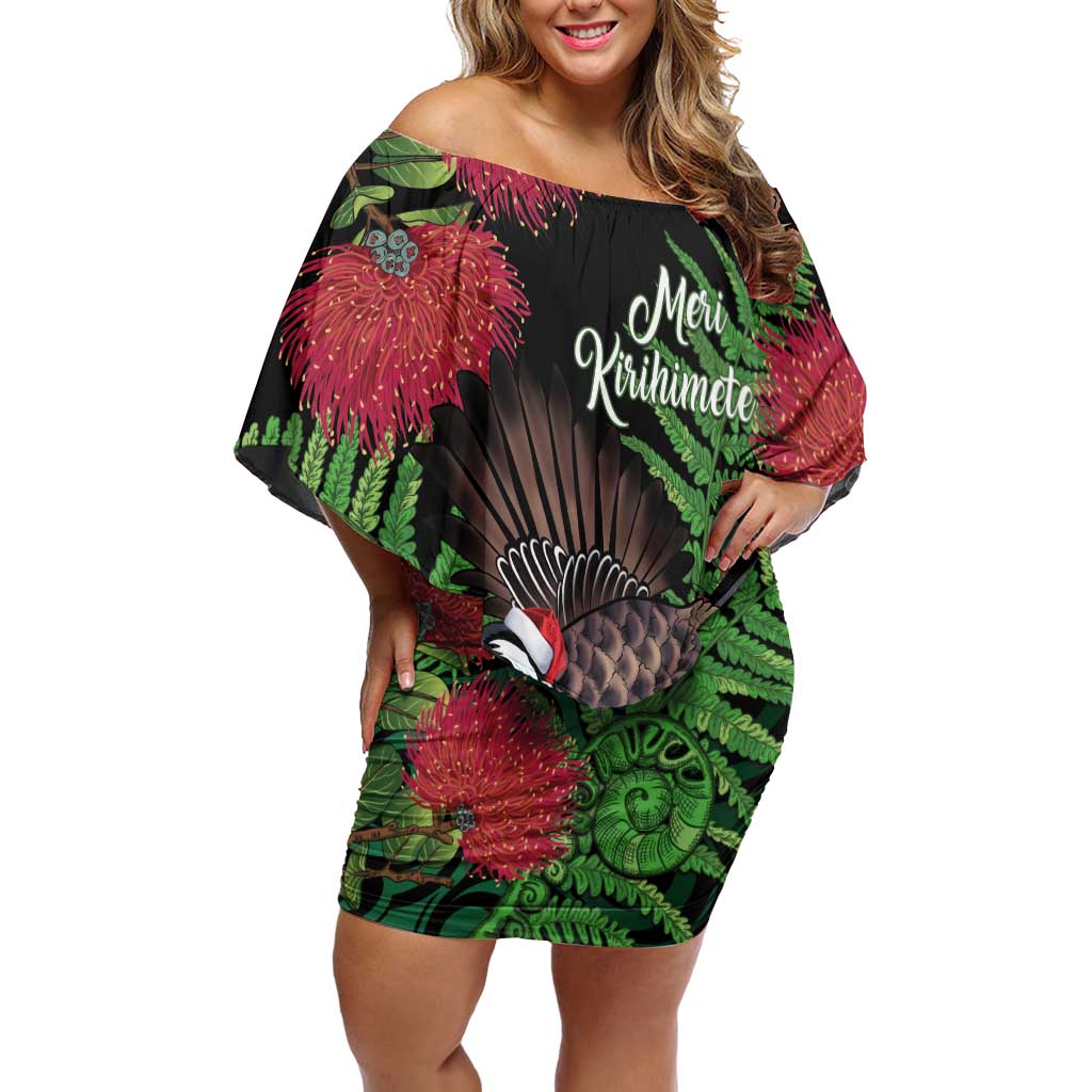 Meri Kirihimete New Zealand Off Shoulder Short Dress Piwakawaka Koru Fern Mix Pohutukawa - Polynesian Pride