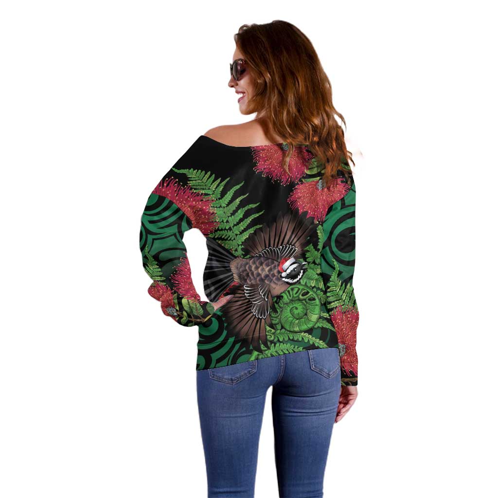 Meri Kirihimete New Zealand Off Shoulder Sweater Piwakawaka Koru Fern Mix Pohutukawa - Polynesian Pride