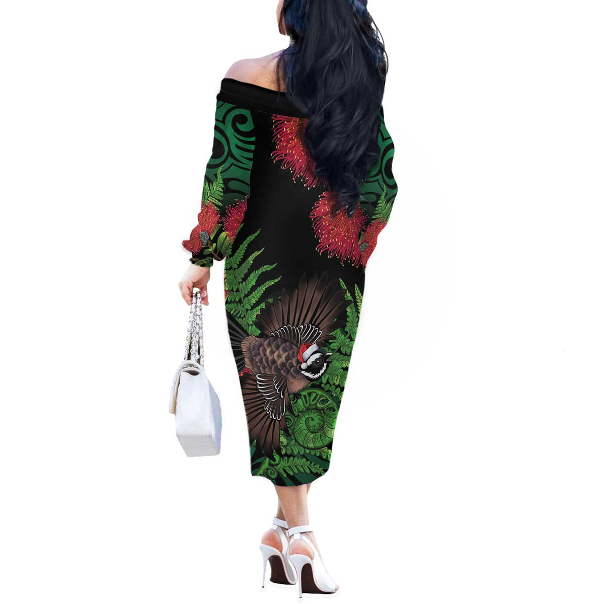 Meri Kirihimete New Zealand Off The Shoulder Long Sleeve Dress Piwakawaka Koru Fern Mix Pohutukawa - Polynesian Pride