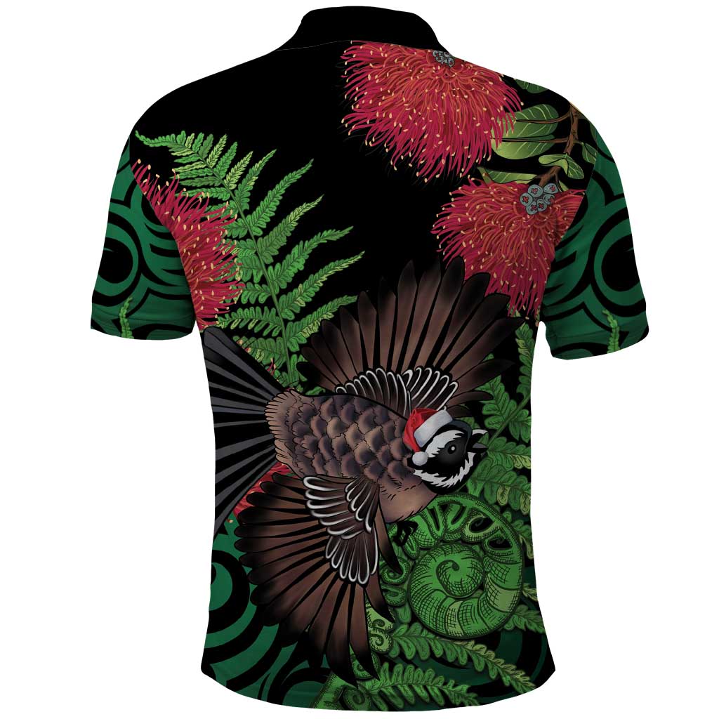 Meri Kirihimete New Zealand Polo Shirt Piwakawaka Koru Fern Mix Pohutukawa - Polynesian Pride