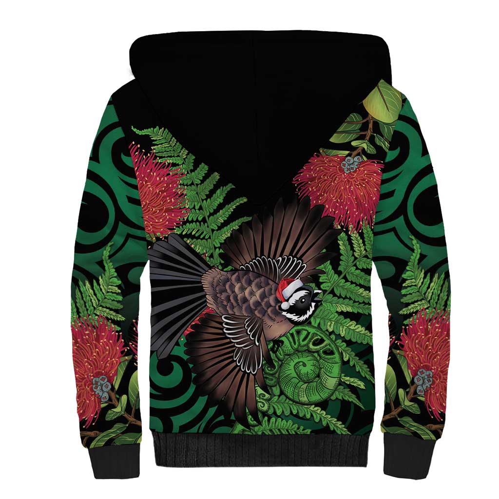 Meri Kirihimete New Zealand Sherpa Hoodie Piwakawaka Koru Fern Mix Pohutukawa - Polynesian Pride