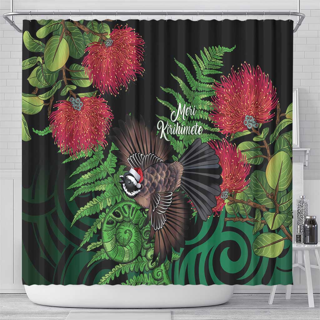 Meri Kirihimete New Zealand Shower Curtain Piwakawaka Koru Fern Mix Pohutukawa - Polynesian Pride