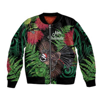 Meri Kirihimete New Zealand Sleeve Zip Bomber Jacket Piwakawaka Koru Fern Mix Pohutukawa - Polynesian Pride