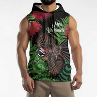 Meri Kirihimete New Zealand Sleeveless Hoodie Piwakawaka Koru Fern Mix Pohutukawa - Polynesian Pride