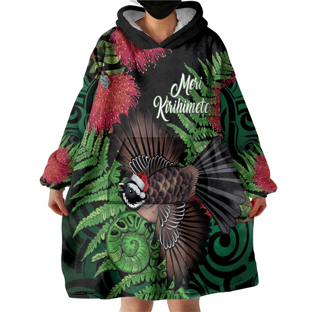 Meri Kirihimete New Zealand Wearable Blanket Hoodie Piwakawaka Koru Fern Mix Pohutukawa - Polynesian Pride