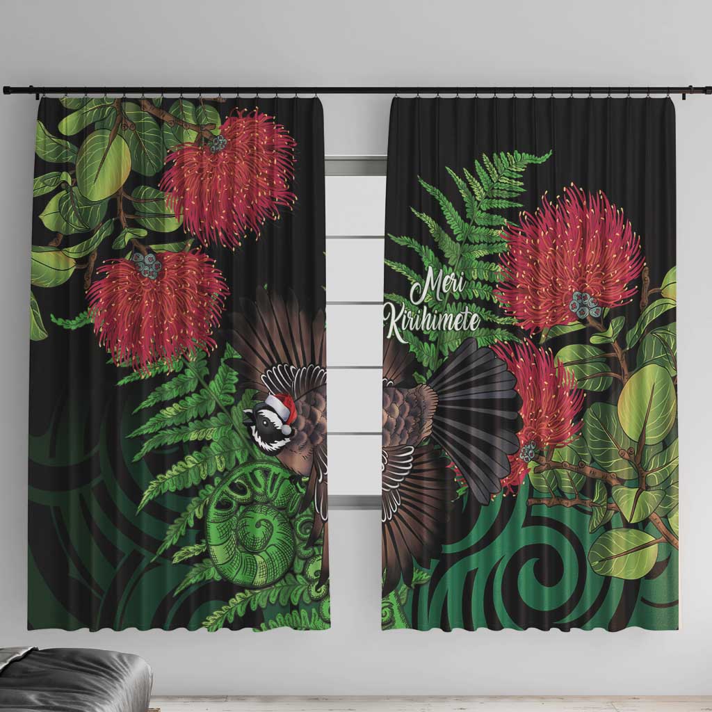Meri Kirihimete New Zealand Window Curtain Piwakawaka Koru Fern Mix Pohutukawa LT14 With Hooks Black - Polynesian Pride
