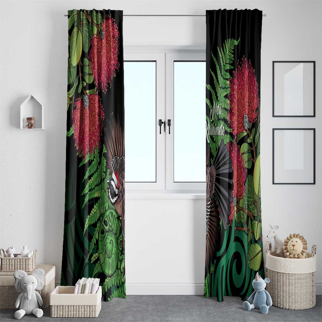 Meri Kirihimete New Zealand Window Curtain Piwakawaka Koru Fern Mix Pohutukawa - Polynesian Pride