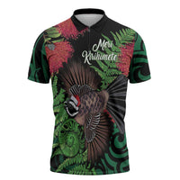 Meri Kirihimete New Zealand Zipper Polo Shirt Piwakawaka Koru Fern Mix Pohutukawa - Polynesian Pride
