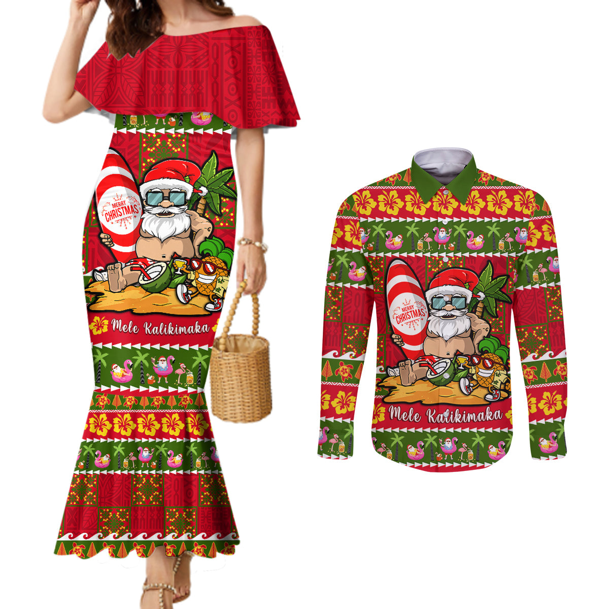 Personalised Hawaii Surfing Santa Christmas Couples Matching Mermaid Dress and Long Sleeve Button Shirt Tropical Pineapple Mele Kalikimaka Quilt Pattern LT14 Red - Polynesian Pride
