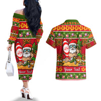 Personalised Hawaii Surfing Santa Christmas Couples Matching Off The Shoulder Long Sleeve Dress and Hawaiian Shirt Tropical Pineapple Mele Kalikimaka Quilt Pattern LT14 - Polynesian Pride