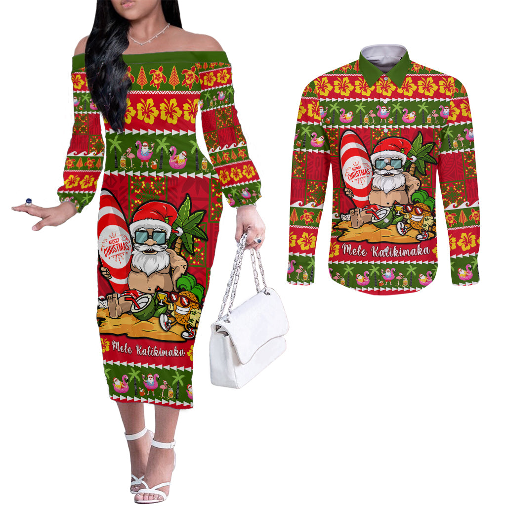 Personalised Hawaii Surfing Santa Christmas Couples Matching Off The Shoulder Long Sleeve Dress and Long Sleeve Button Shirt Tropical Pineapple Mele Kalikimaka Quilt Pattern LT14 Red - Polynesian Pride