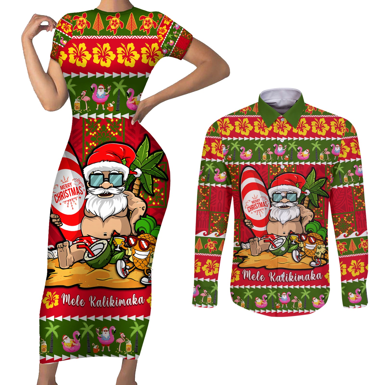 Personalised Hawaii Surfing Santa Christmas Couples Matching Short Sleeve Bodycon Dress and Long Sleeve Button Shirt Tropical Pineapple Mele Kalikimaka Quilt Pattern LT14 Red - Polynesian Pride