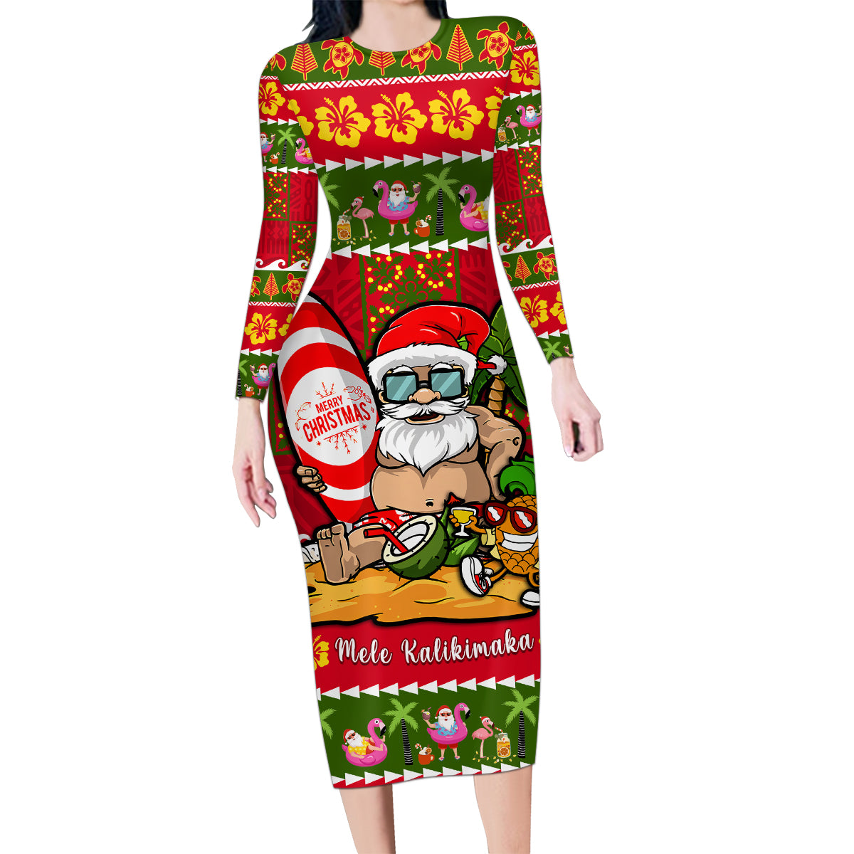 Personalised Hawaii Surfing Santa Christmas Family Matching Long Sleeve Bodycon Dress and Hawaiian Shirt Tropical Pineapple Mele Kalikimaka Quilt Pattern LT14 Mom's Dress Red - Polynesian Pride