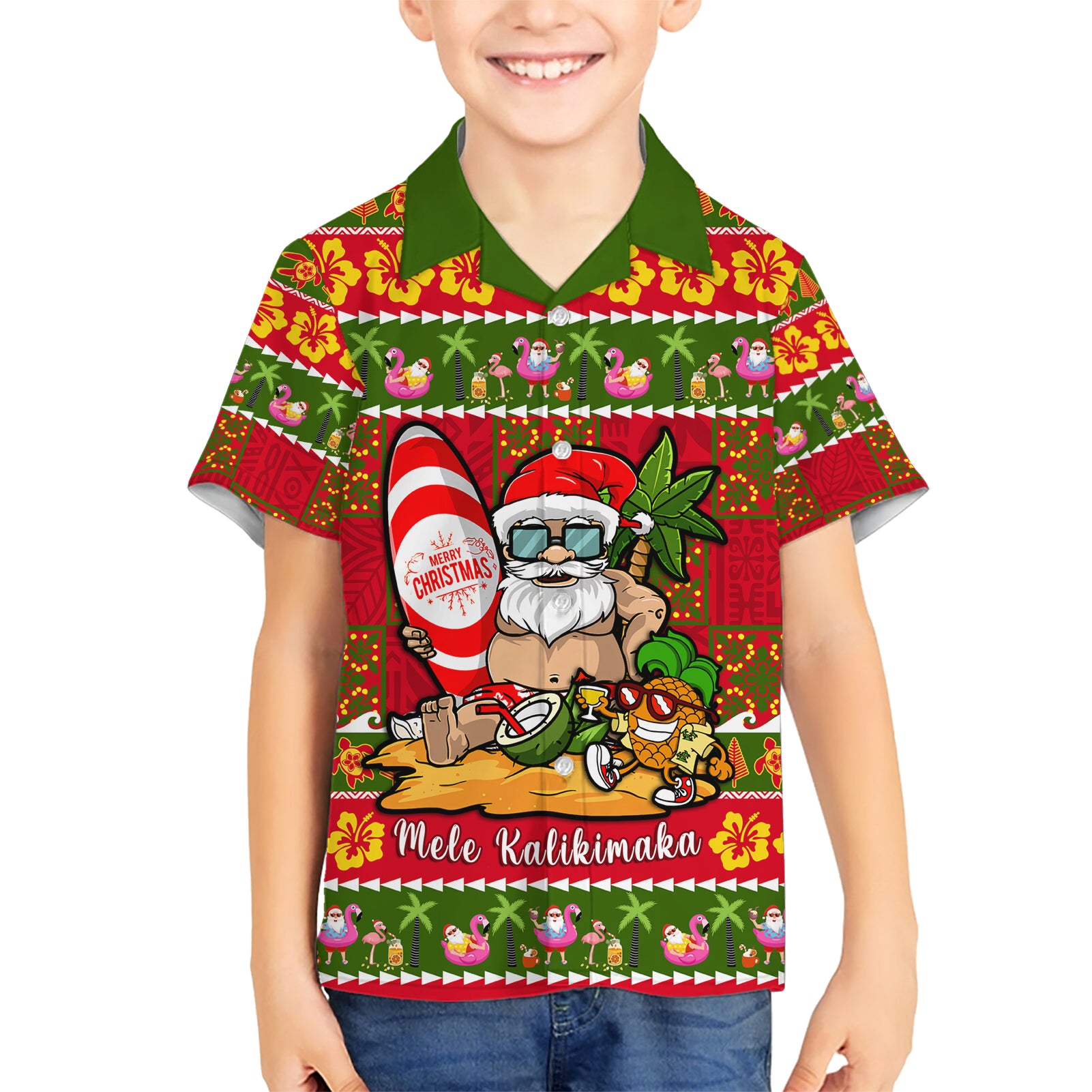 Personalised Hawaii Surfing Santa Christmas Kid Hawaiian Shirt Tropical Pineapple Mele Kalikimaka Quilt Pattern LT14 Kid Red - Polynesian Pride