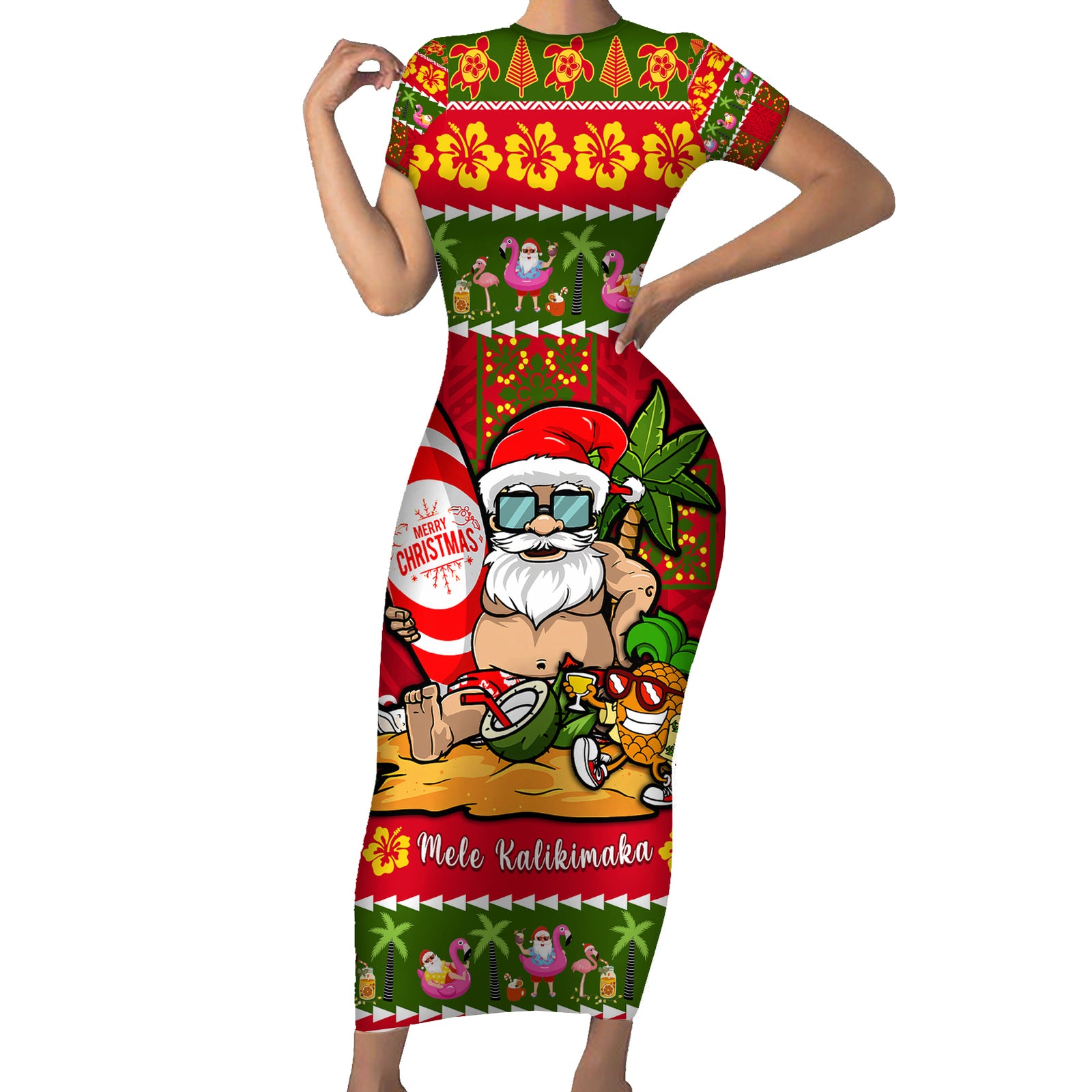 Personalised Hawaii Surfing Santa Christmas Short Sleeve Bodycon Dress Tropical Pineapple Mele Kalikimaka Quilt Pattern LT14 Long Dress Red - Polynesian Pride