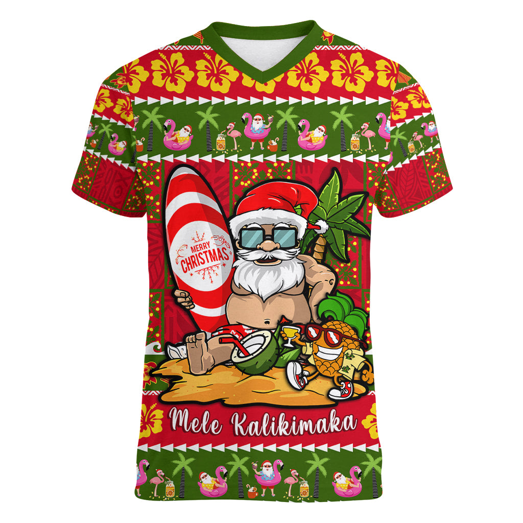 Personalised Hawaii Surfing Santa Christmas Women V Neck T Shirt Tropical Pineapple Mele Kalikimaka Quilt Pattern LT14 Female Red - Polynesian Pride