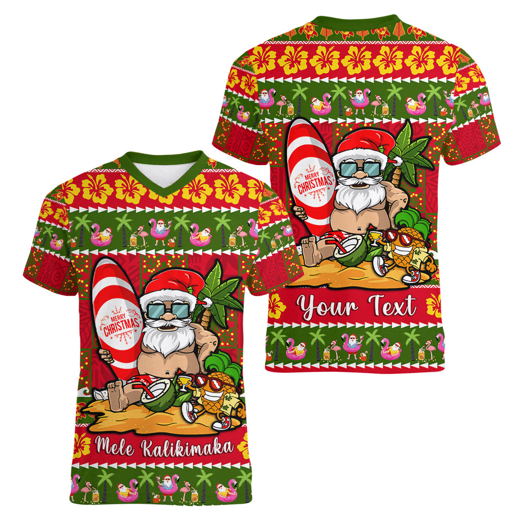 Personalised Hawaii Surfing Santa Christmas Women V Neck T Shirt Tropical Pineapple Mele Kalikimaka Quilt Pattern LT14 - Polynesian Pride