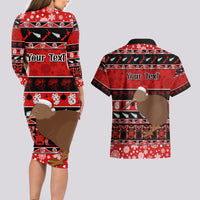 Personalised New Zealand Christmas Couples Matching Long Sleeve Bodycon Dress and Hawaiian Shirt Aotearoa Kiwi Meri Kirihimete Red Version LT14 - Polynesian Pride