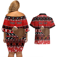 Personalised New Zealand Christmas Couples Matching Off Shoulder Short Dress and Hawaiian Shirt Aotearoa Kiwi Meri Kirihimete Red Version LT14 - Polynesian Pride