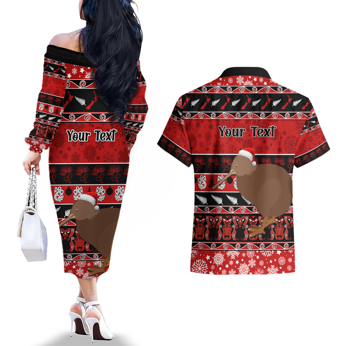 Personalised New Zealand Christmas Couples Matching Off The Shoulder Long Sleeve Dress and Hawaiian Shirt Aotearoa Kiwi Meri Kirihimete Red Version LT14 - Polynesian Pride