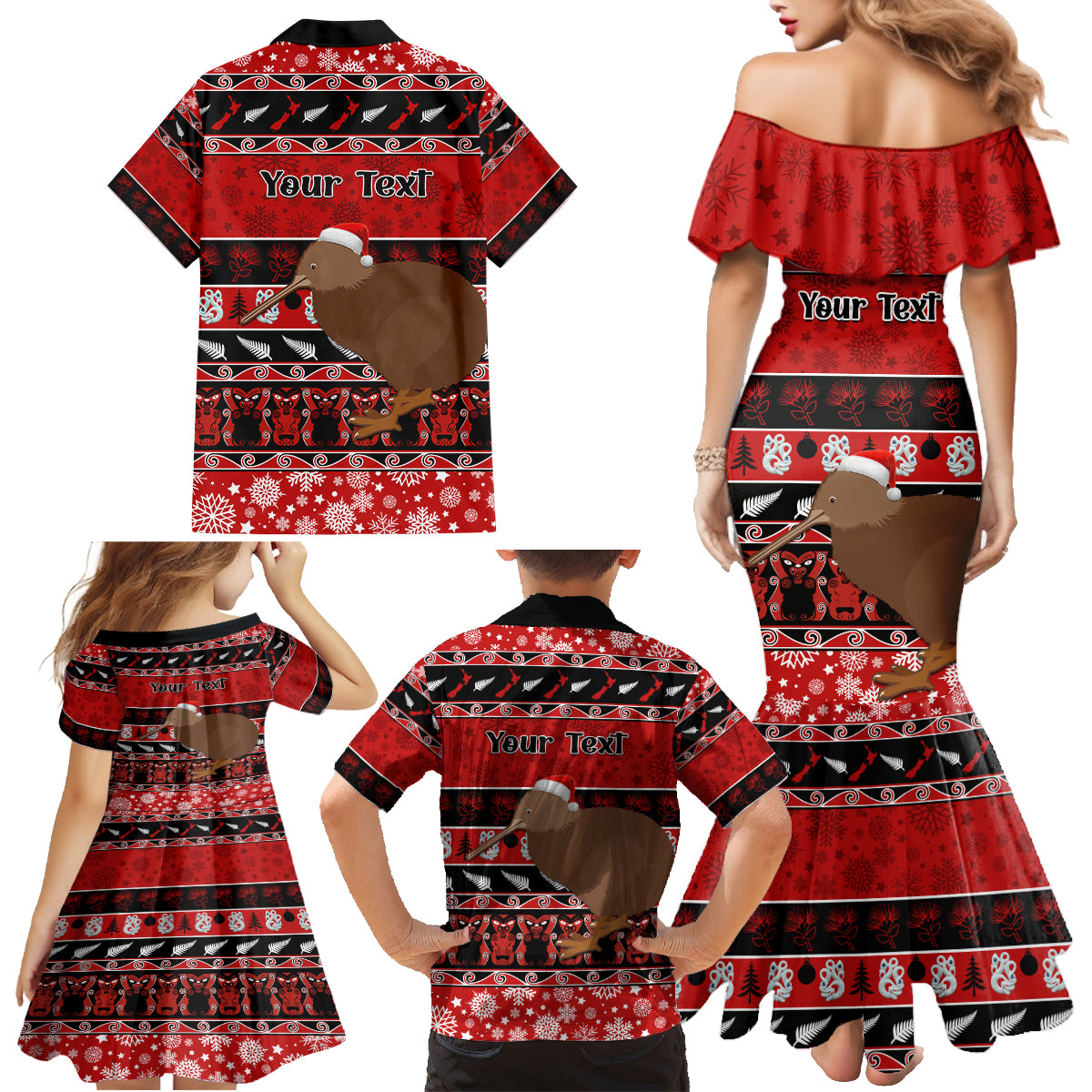 Personalised New Zealand Christmas Family Matching Mermaid Dress and Hawaiian Shirt Aotearoa Kiwi Meri Kirihimete Red Version LT14 - Polynesian Pride