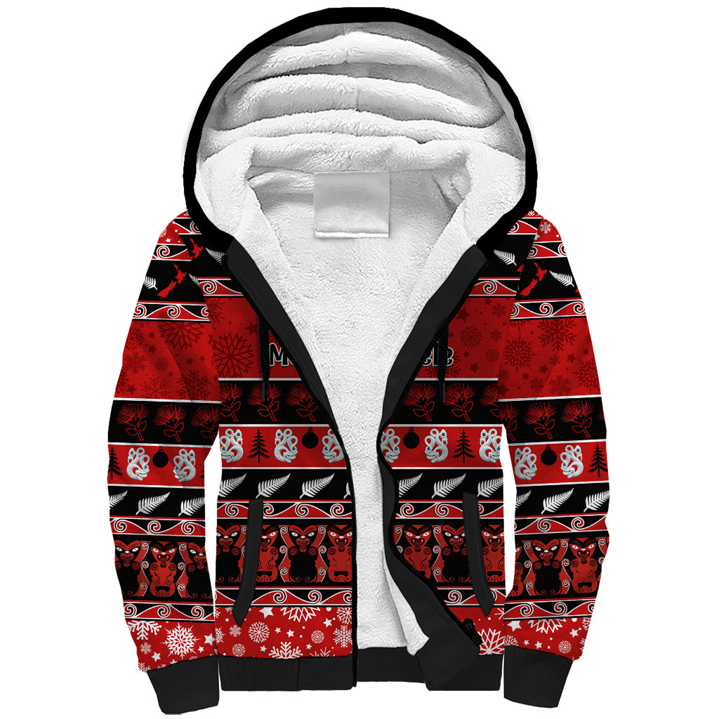 Personalised New Zealand Christmas Sherpa Hoodie Aotearoa Kiwi Meri Kirihimete Red Version LT14 Unisex Red - Polynesian Pride
