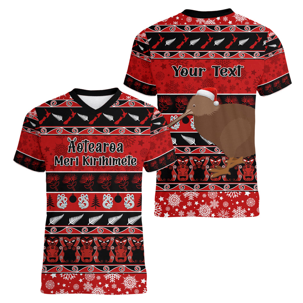 Personalised New Zealand Christmas Women V Neck T Shirt Aotearoa Kiwi Meri Kirihimete Red Version LT14 - Polynesian Pride