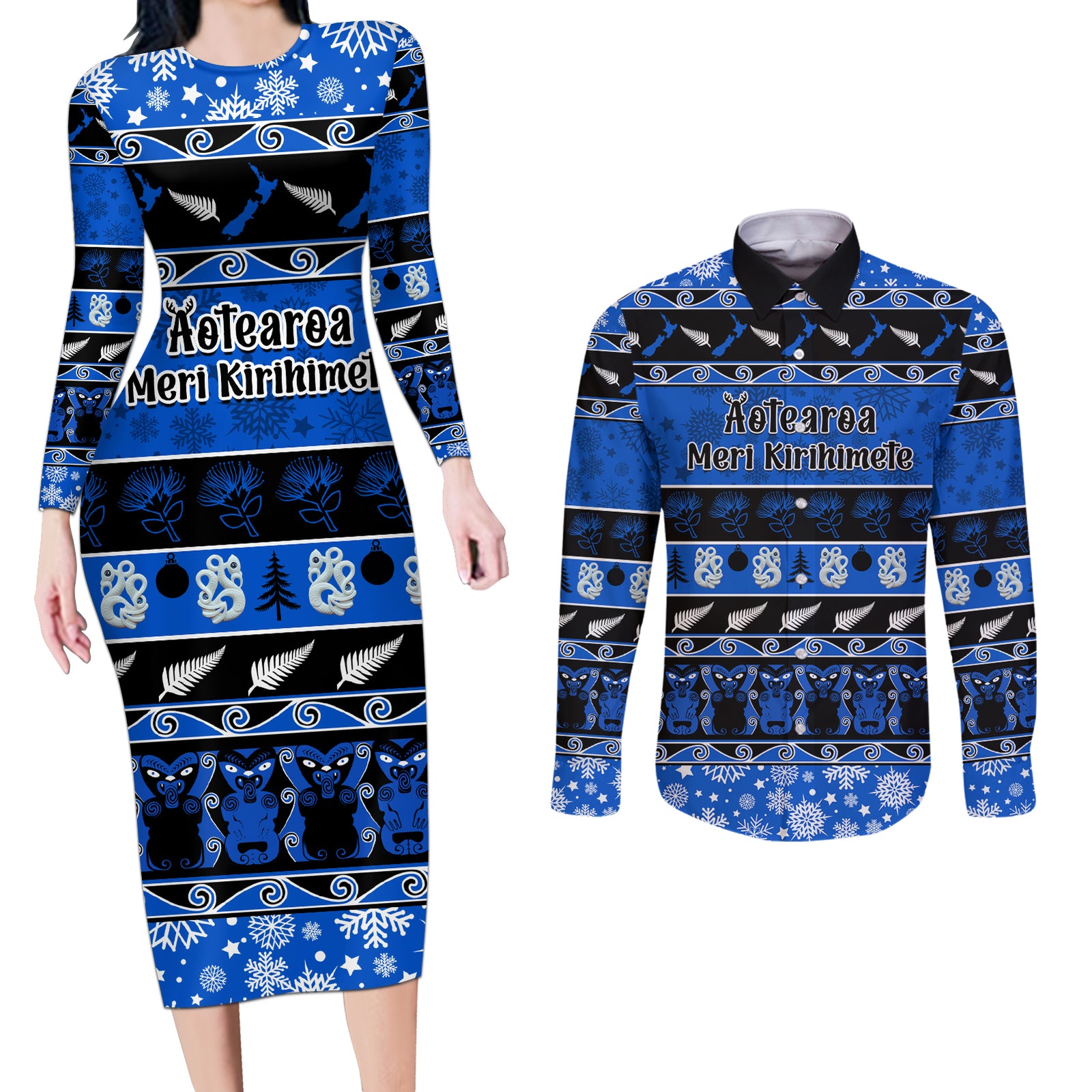 Personalised New Zealand Christmas Couples Matching Long Sleeve Bodycon Dress and Long Sleeve Button Shirt Aotearoa Kiwi Meri Kirihimete Blue Version LT14 Blue - Polynesian Pride