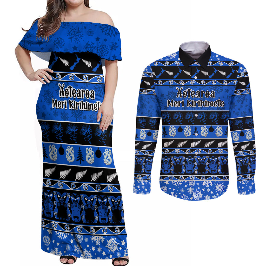 Personalised New Zealand Christmas Couples Matching Off Shoulder Maxi Dress and Long Sleeve Button Shirt Aotearoa Kiwi Meri Kirihimete Blue Version LT14 Blue - Polynesian Pride