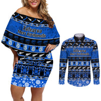 Personalised New Zealand Christmas Couples Matching Off Shoulder Short Dress and Long Sleeve Button Shirt Aotearoa Kiwi Meri Kirihimete Blue Version LT14 Blue - Polynesian Pride