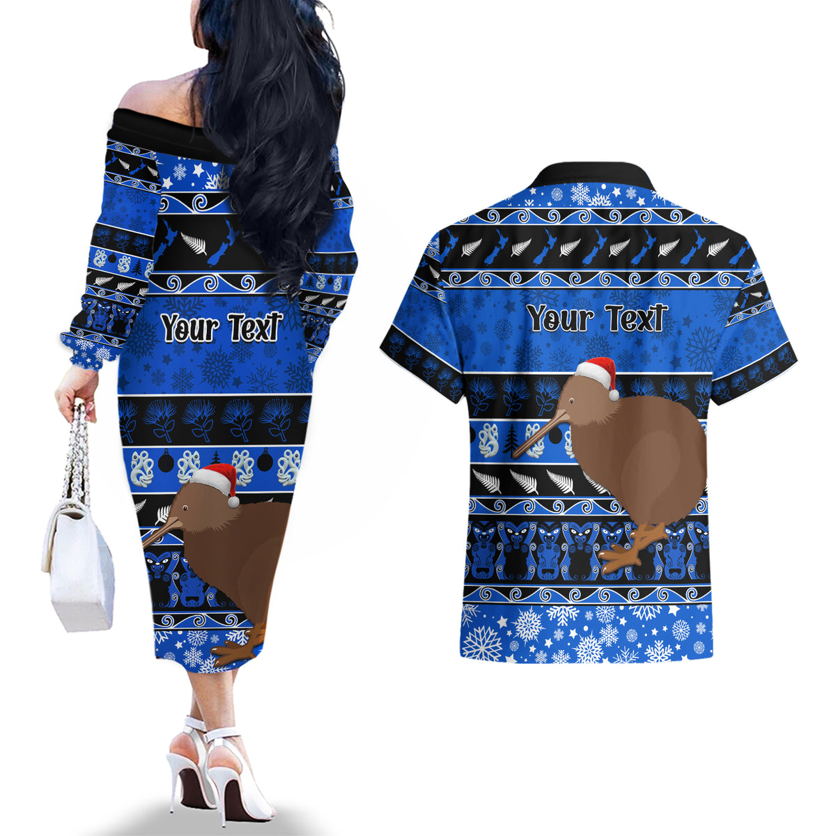 Personalised New Zealand Christmas Couples Matching Off The Shoulder Long Sleeve Dress and Hawaiian Shirt Aotearoa Kiwi Meri Kirihimete Blue Version LT14 - Polynesian Pride