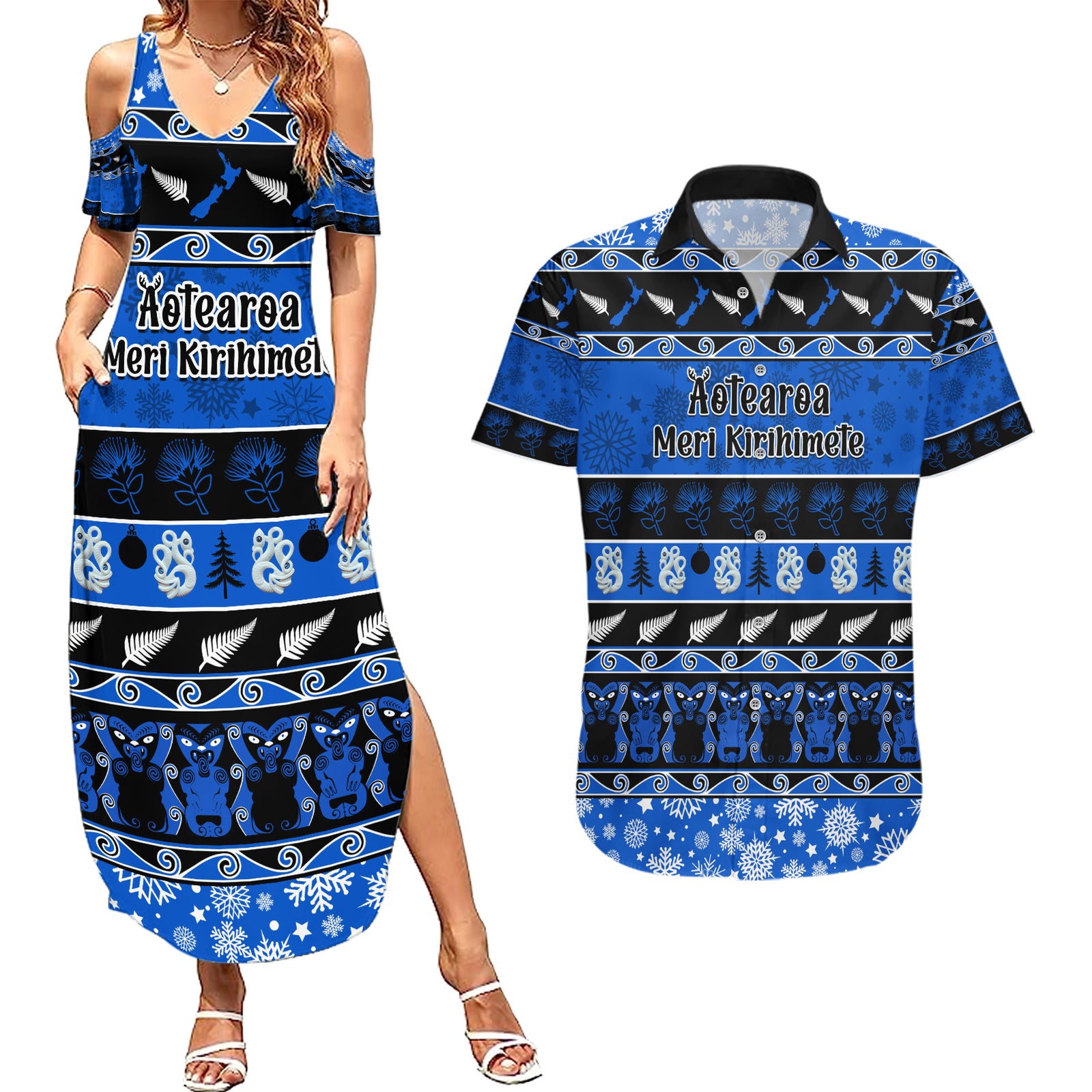 Personalised New Zealand Christmas Couples Matching Summer Maxi Dress and Hawaiian Shirt Aotearoa Kiwi Meri Kirihimete Blue Version LT14 Blue - Polynesian Pride