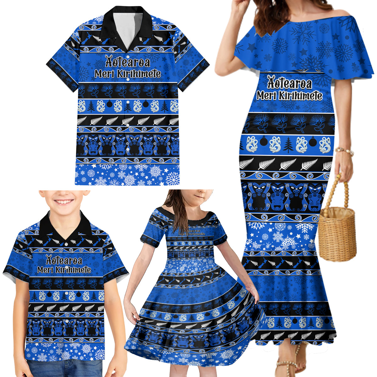 Personalised New Zealand Christmas Family Matching Mermaid Dress and Hawaiian Shirt Aotearoa Kiwi Meri Kirihimete Blue Version LT14 - Polynesian Pride