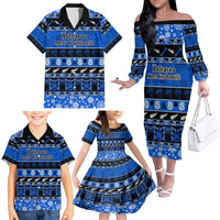 Personalised New Zealand Christmas Family Matching Off Shoulder Long Sleeve Dress and Hawaiian Shirt Aotearoa Kiwi Meri Kirihimete Blue Version LT14 - Polynesian Pride