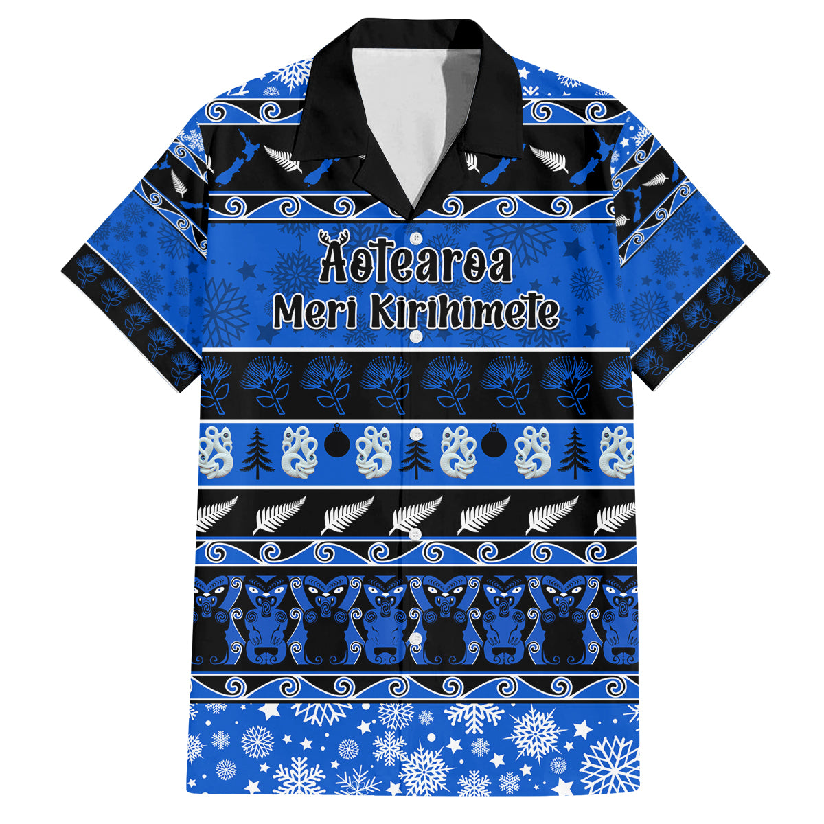 Personalised New Zealand Christmas Family Matching Off Shoulder Maxi Dress and Hawaiian Shirt Aotearoa Kiwi Meri Kirihimete Blue Version LT14 Dad's Shirt - Short Sleeve Blue - Polynesian Pride