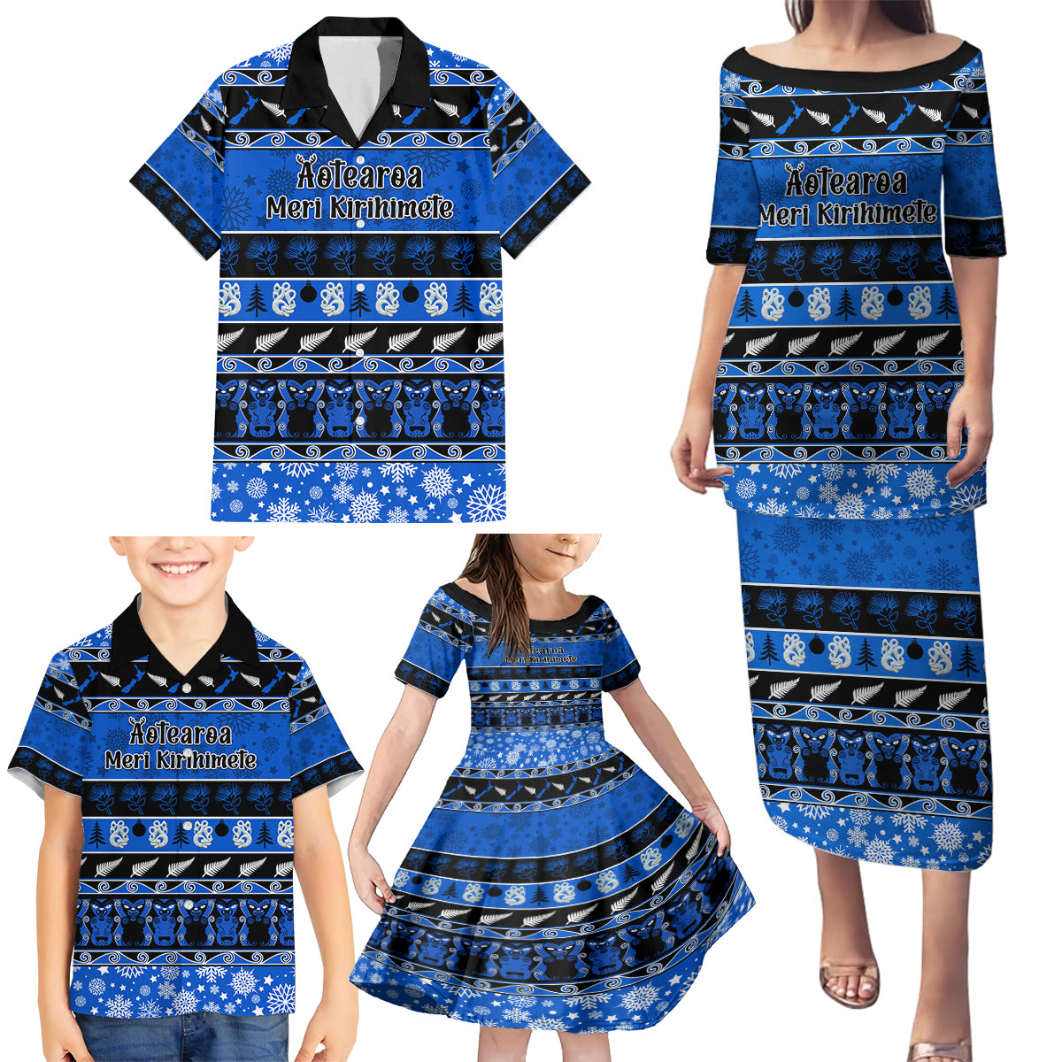 Personalised New Zealand Christmas Family Matching Puletasi Dress and Hawaiian Shirt Aotearoa Kiwi Meri Kirihimete Blue Version LT14 - Polynesian Pride