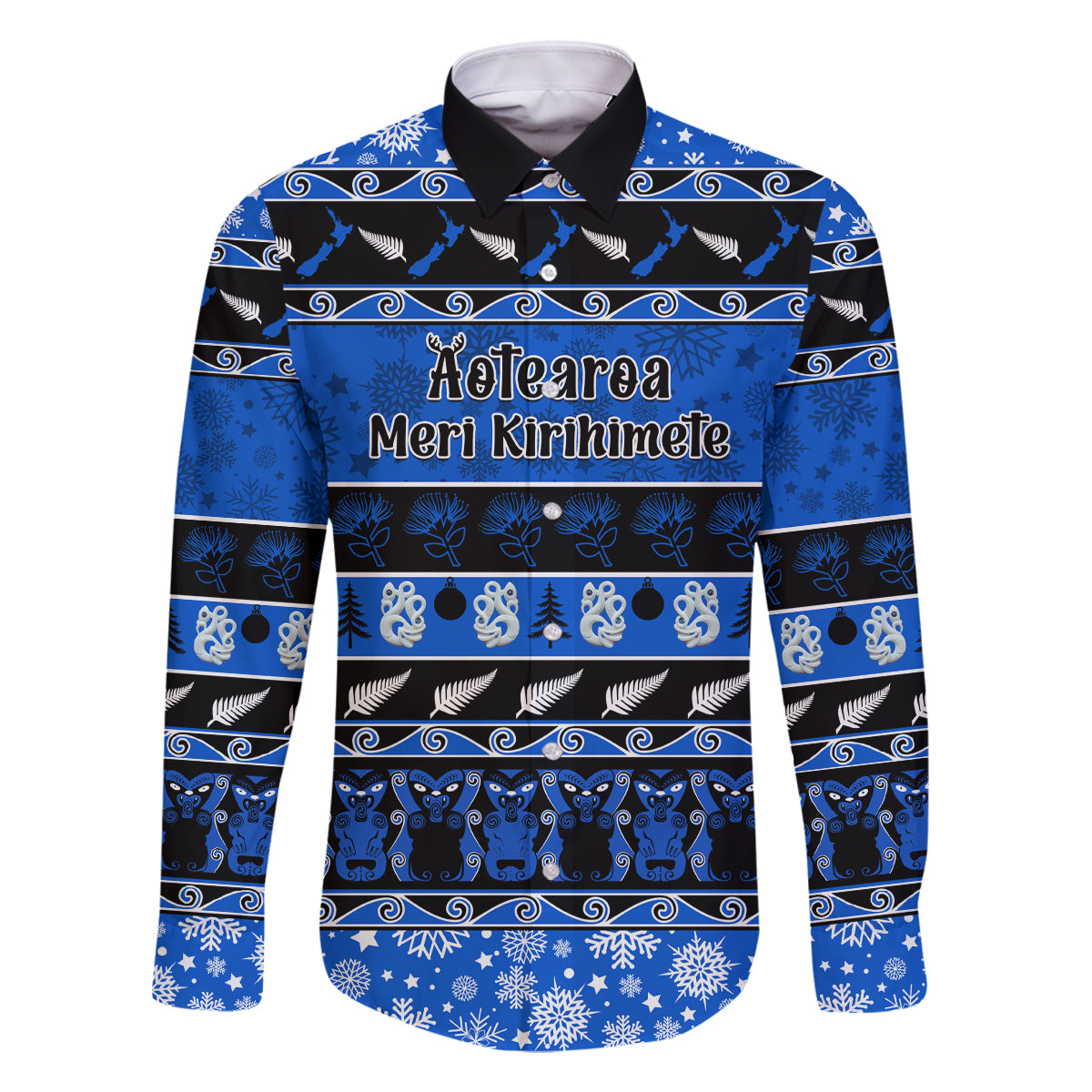Personalised New Zealand Christmas Family Matching Summer Maxi Dress and Hawaiian Shirt Aotearoa Kiwi Meri Kirihimete Blue Version LT14 Dad's Shirt - Long Sleeve Blue - Polynesian Pride