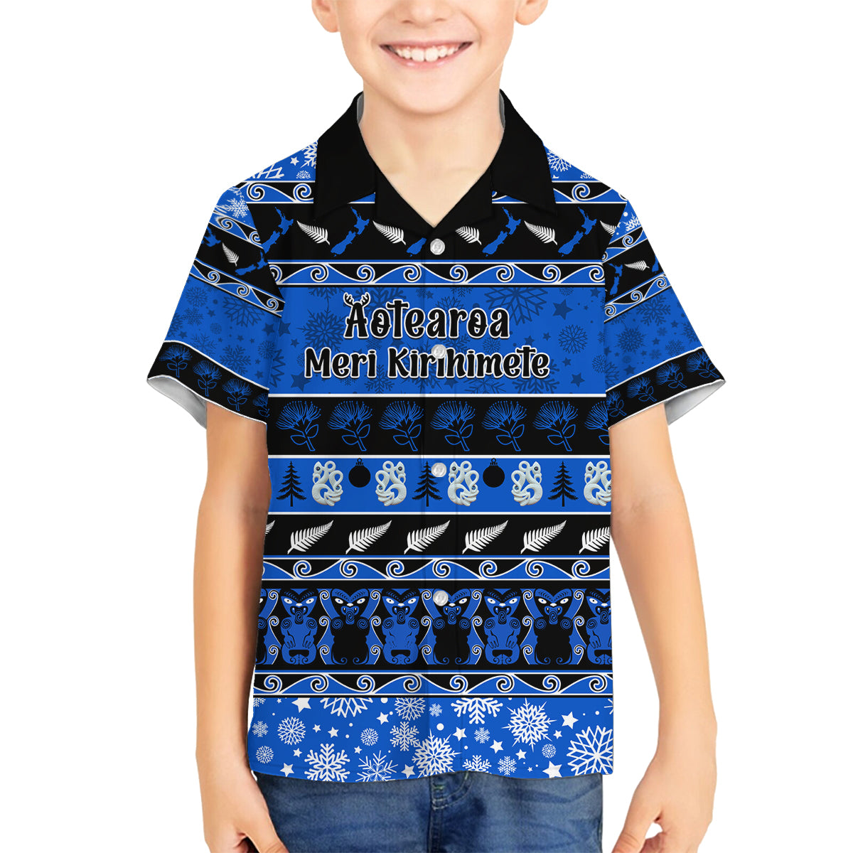 Personalised New Zealand Christmas Family Matching Summer Maxi Dress and Hawaiian Shirt Aotearoa Kiwi Meri Kirihimete Blue Version LT14 Son's Shirt Blue - Polynesian Pride