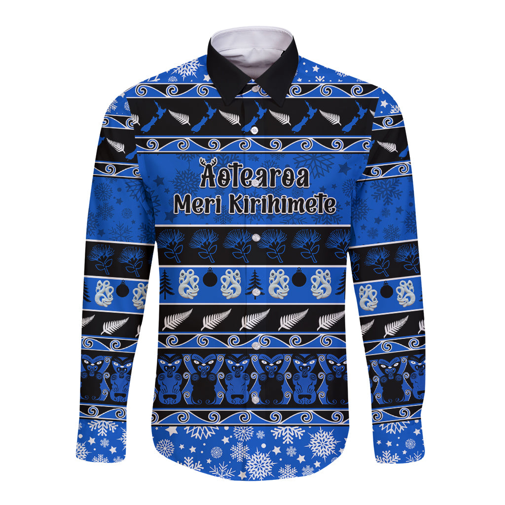 Personalised New Zealand Christmas Long Sleeve Button Shirt Aotearoa Kiwi Meri Kirihimete Blue Version LT14 Unisex Blue - Polynesian Pride