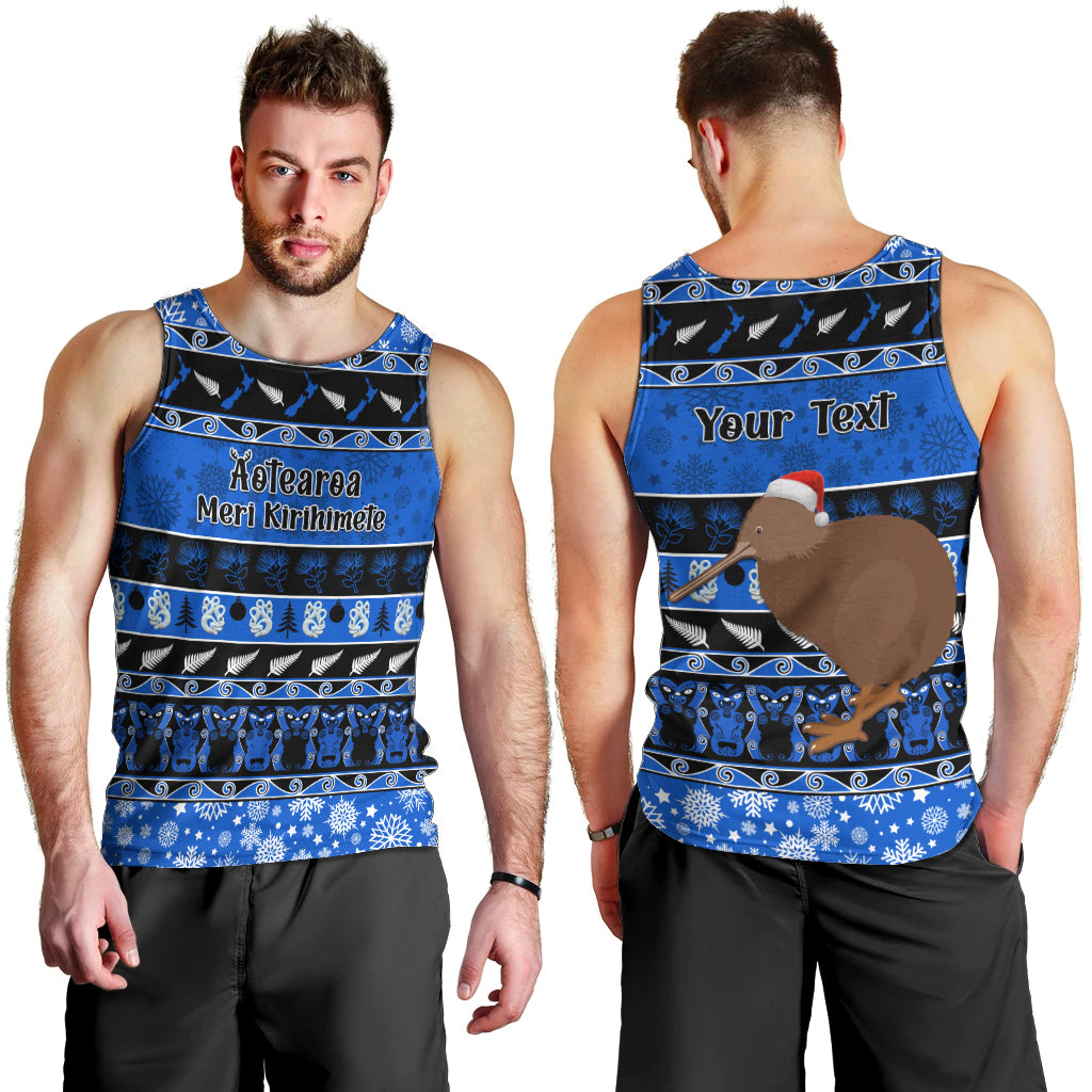 Personalised New Zealand Christmas Men Tank Top Aotearoa Kiwi Meri Kirihimete Blue Version LT14 - Polynesian Pride
