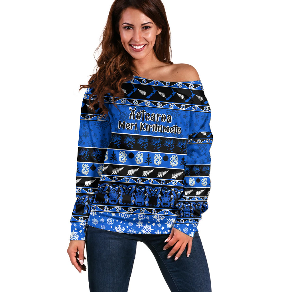 Personalised New Zealand Christmas Off Shoulder Sweater Aotearoa Kiwi Meri Kirihimete Blue Version LT14 Women Blue - Polynesian Pride
